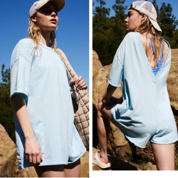 Free People Pants - NWT Free People Hot Shot Tee Romper Boardwalk Blue Size M
